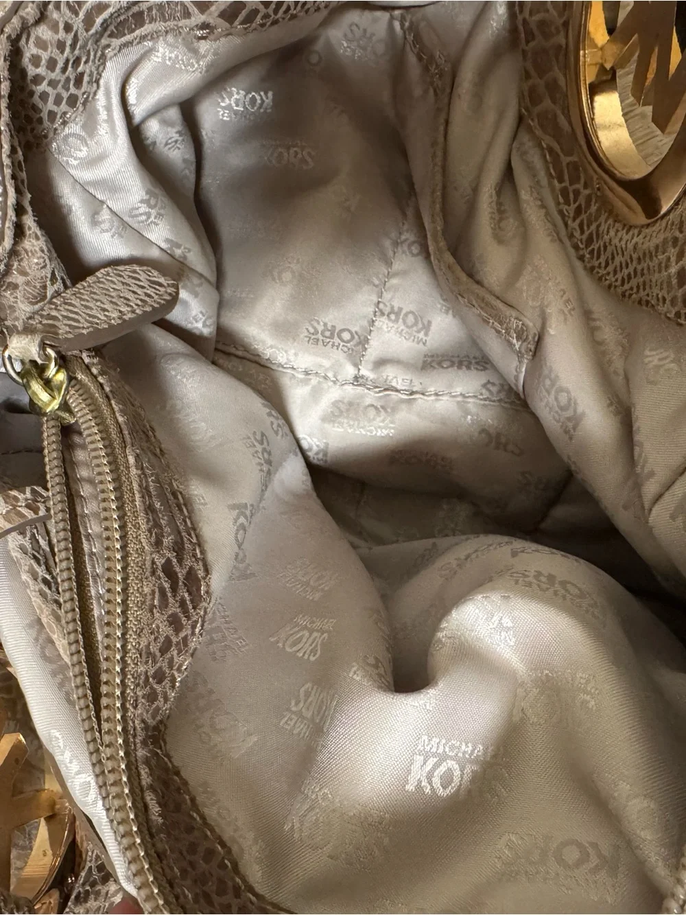 Michael Kors Shiny Taupe Snake-Embossed Shoulder Tote